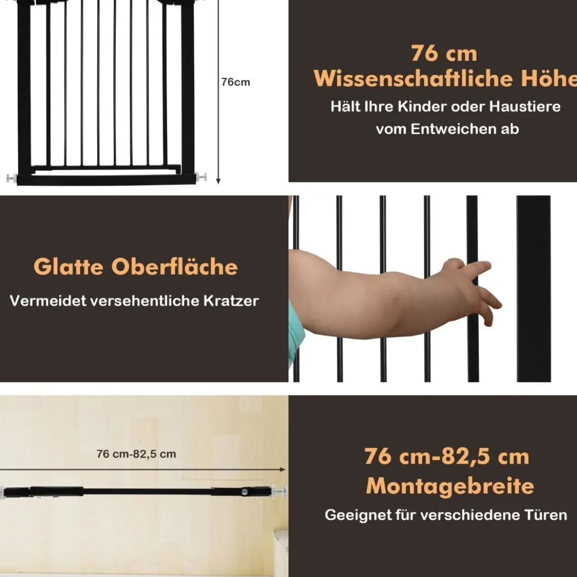 Türschutzgitter Baby 76-83 cm Sicherheitsgitter aus Metall Schwarz