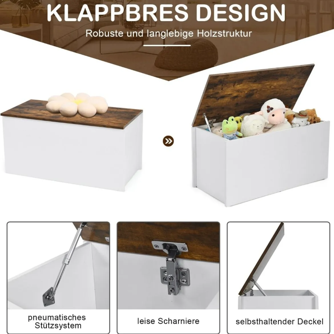 Truhenbank mit Stauraum Sitzbank mit Deckel & Einklemmschutz 90 x 45 x 45,5 cm
