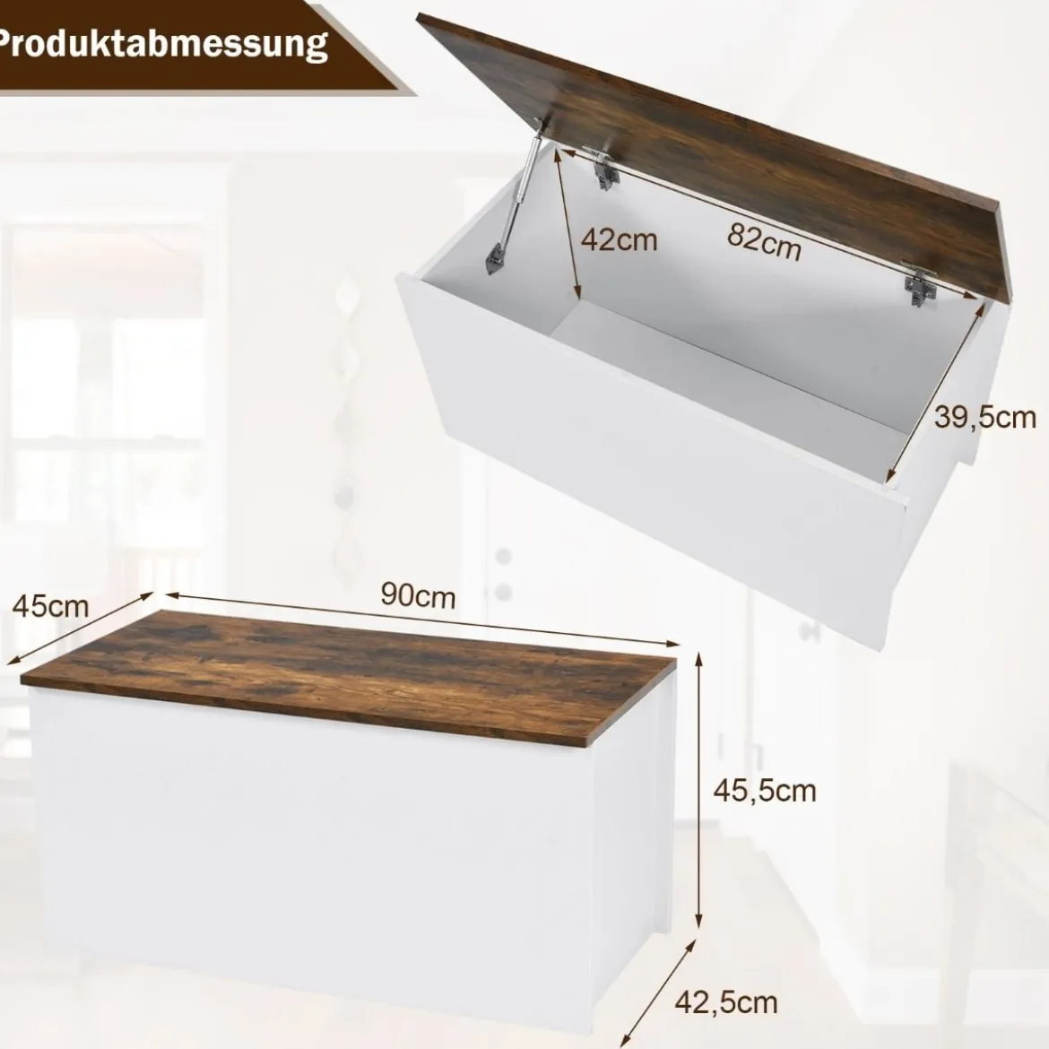 Truhenbank mit Stauraum Sitzbank mit Deckel & Einklemmschutz 90 x 45 x 45,5 cm