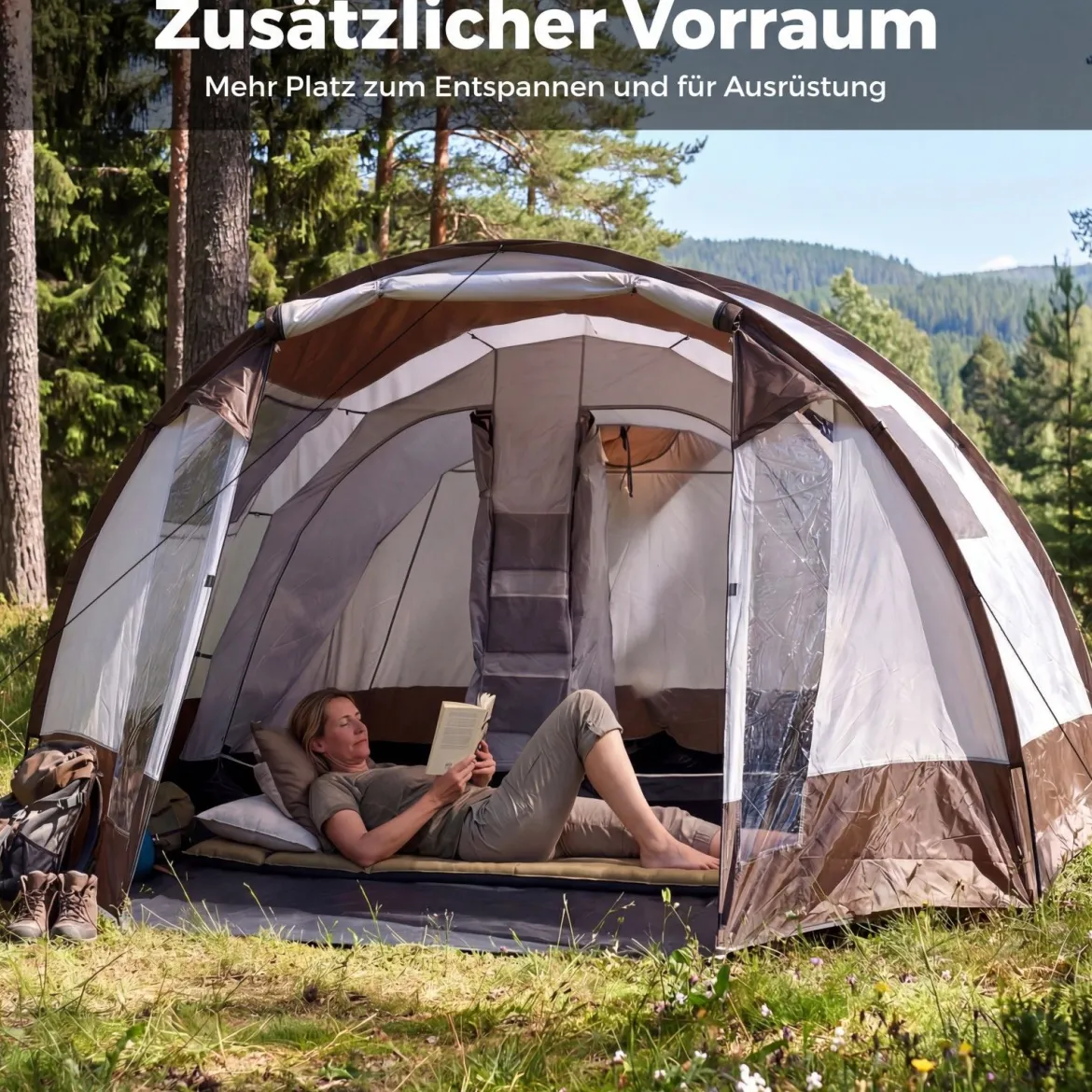 Tunnelzelt für 4-6 Personen Wasserfestes Campingzelt mit Großem Vorraum & Belüftungstür