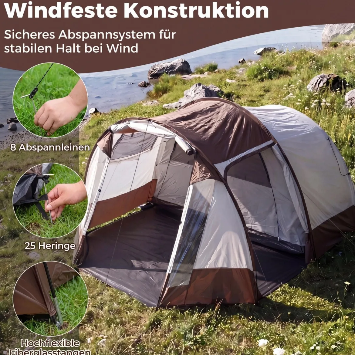 Tunnelzelt für 4-6 Personen Wasserfestes Campingzelt mit Großem Vorraum & Belüftungstür