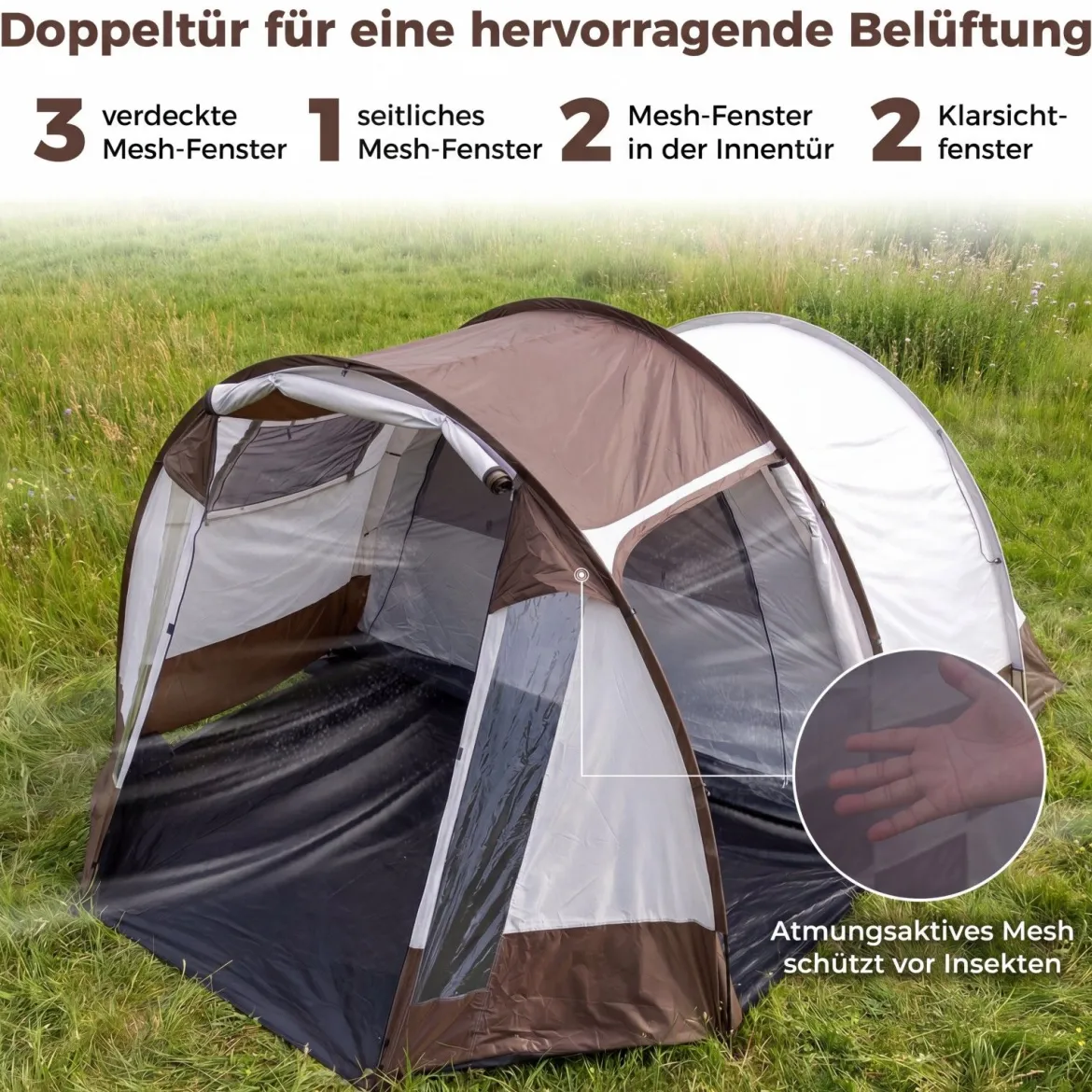 Tunnelzelt für 4-6 Personen Wasserfestes Campingzelt mit Großem Vorraum & Belüftungstür