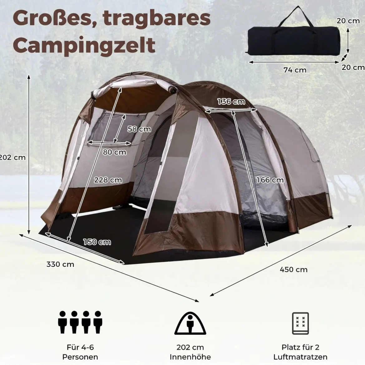 Tunnelzelt für 4-6 Personen Wasserfestes Campingzelt mit Großem Vorraum & Belüftungstür