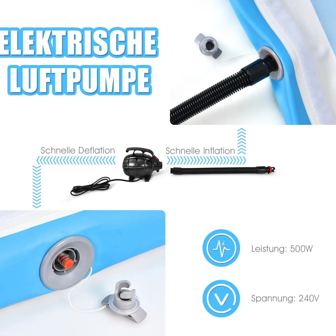 Turnmatte Gymnastik-Trainingsmatte mit elektrischer Luftpumpe 300 x 100 x 10 cm Blau