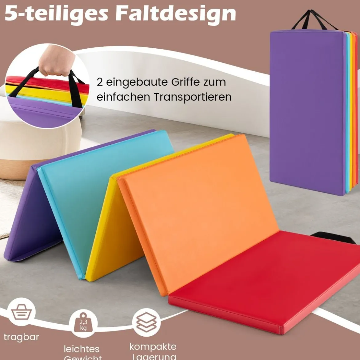 Turnmatte klappbar Weichbodenmatte Gymnastikmatte 5 fach faltbar aus PU 201 x 75 x 3 cm