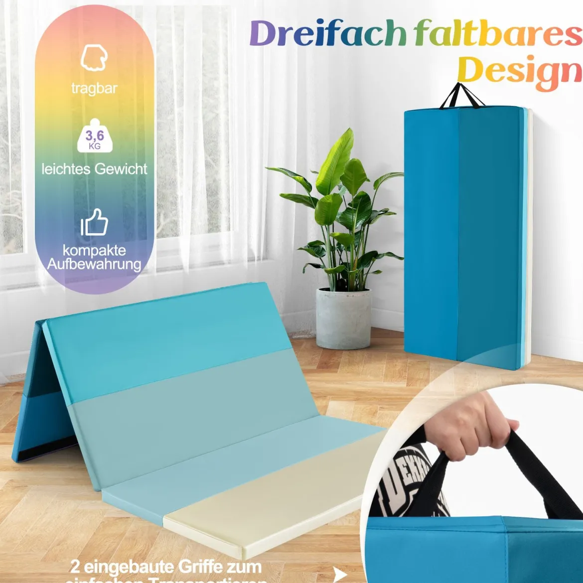 Turnmatte klappbar 180 x 120 cm Weichbodenmatte Gymnastikmatte 3 fach faltbar aus PU mit Tragegriff Blau