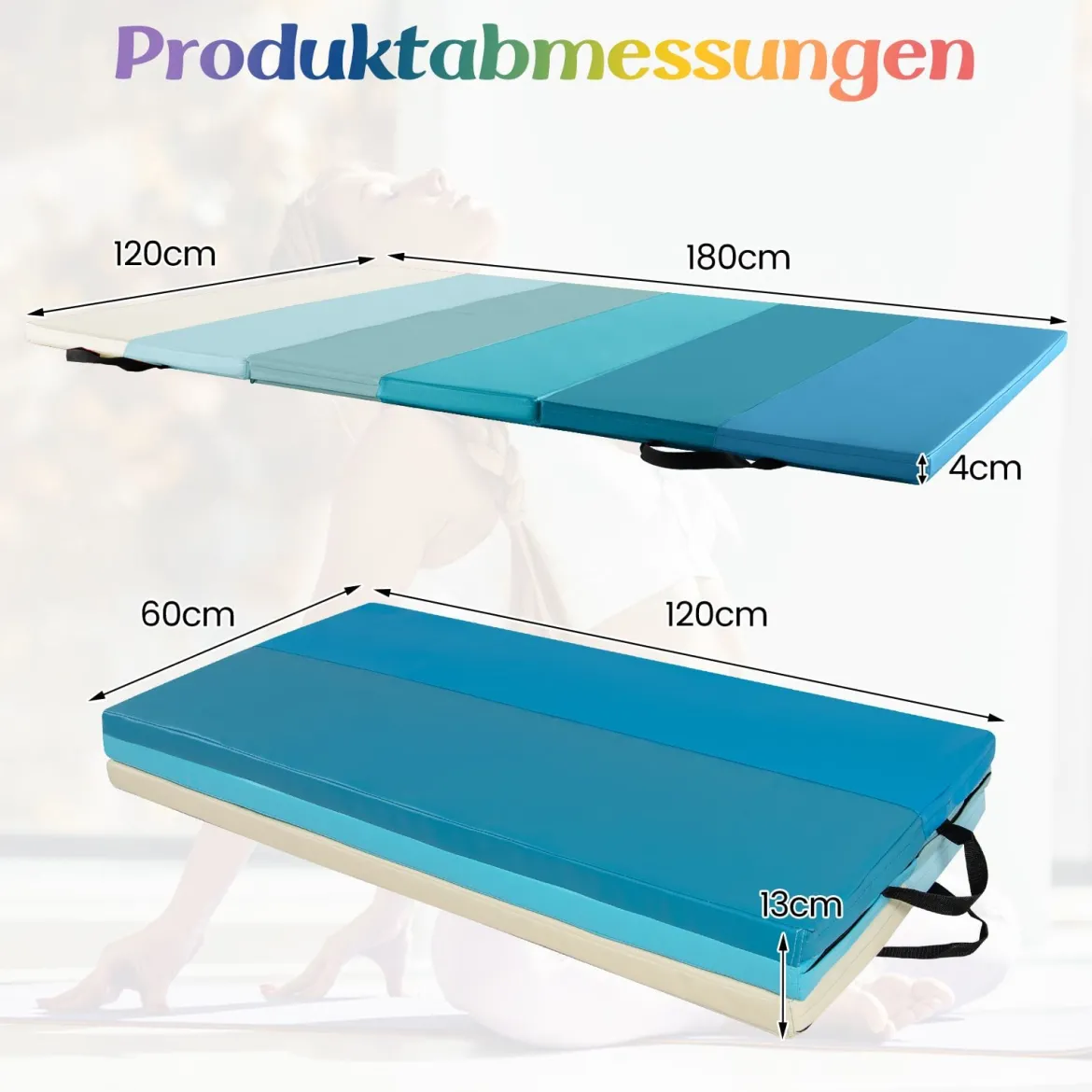 Turnmatte klappbar 180 x 120 cm Weichbodenmatte Gymnastikmatte 3 fach faltbar aus PU mit Tragegriff Blau