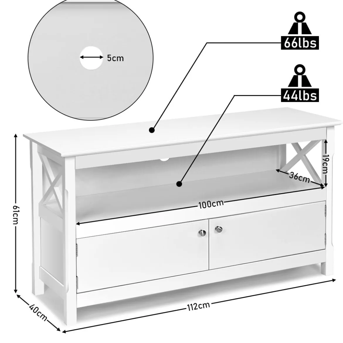 TV-Kommode für Fernseher TV Schrank Kommode Lowboard mit Regal Holz 112 x 40 x 61 cm Weiß
