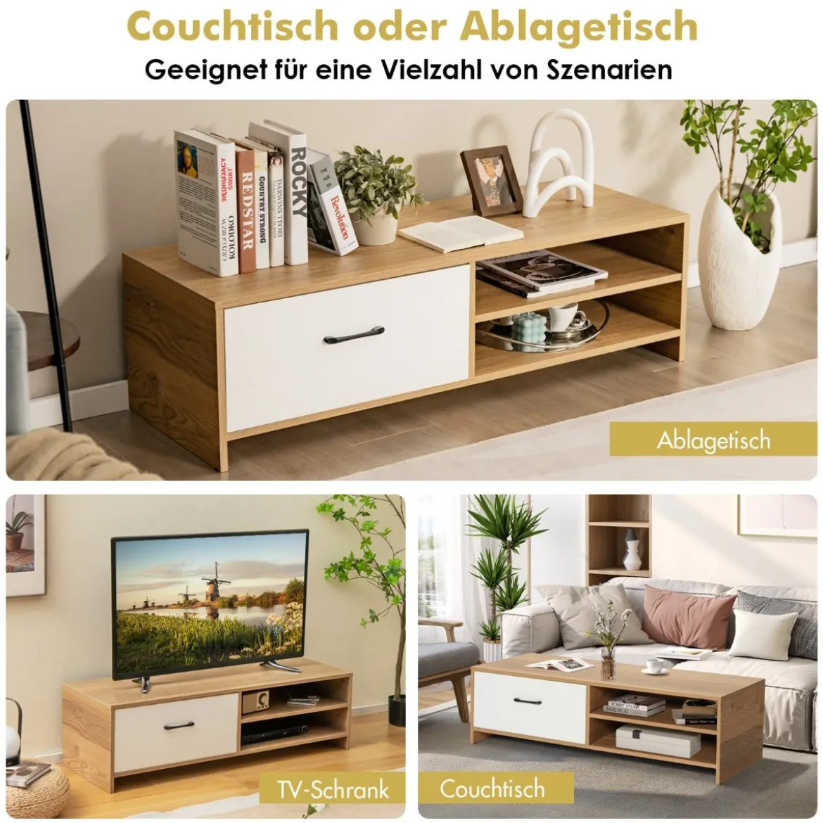 TV-Regal für Fernseher bis zu 55 Zoll mit Schublade und Regal multifunktionaler Fernsehschrank Natur