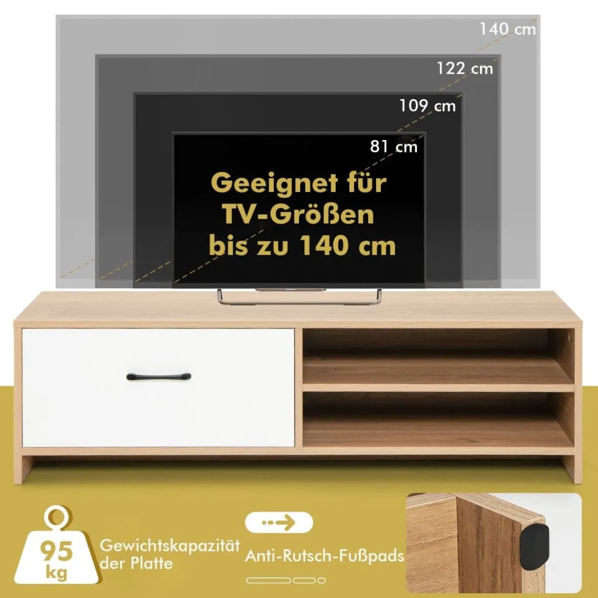 TV-Regal für Fernseher bis zu 55 Zoll mit Schublade und Regal multifunktionaler Fernsehschrank Natur