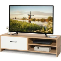 TV-Regal für Fernseher bis zu 55 Zoll mit Schublade und Regal multifunktionaler Fernsehschrank Natur