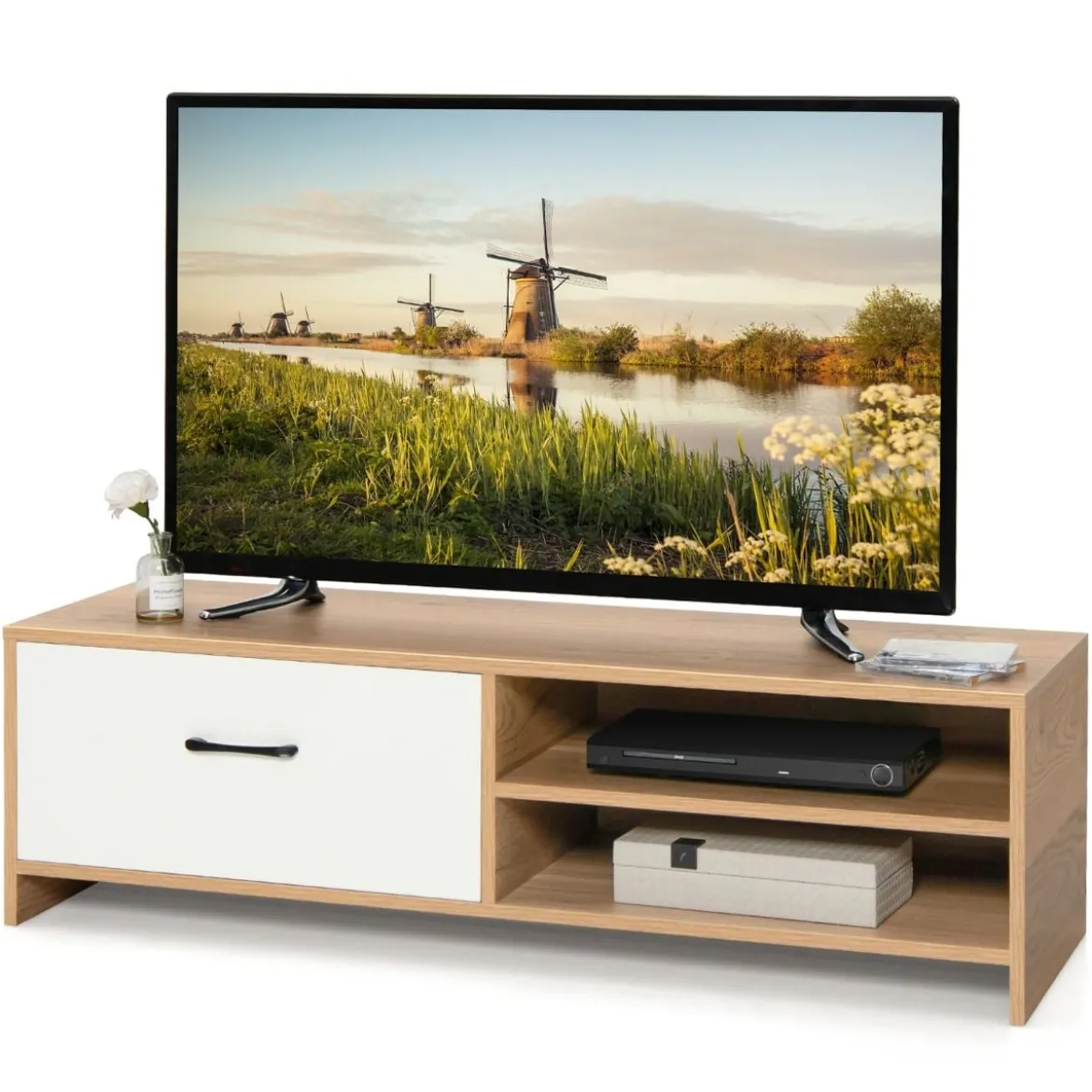 TV-Regal für Fernseher bis zu 55 Zoll mit Schublade und Regal multifunktionaler Fernsehschrank Natur