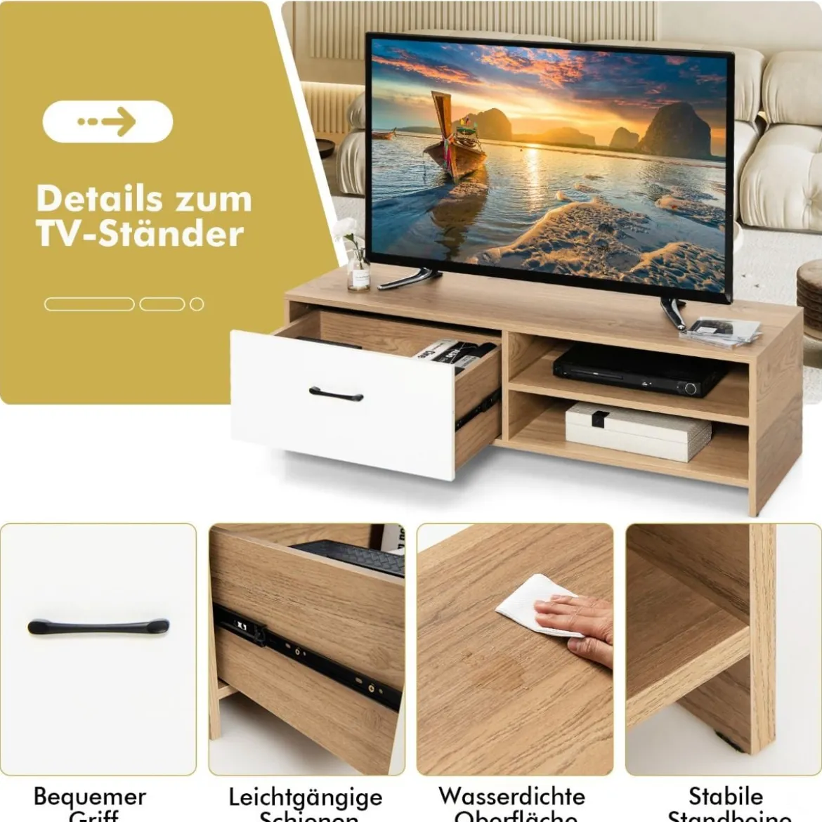 TV-Regal für Fernseher bis zu 55 Zoll mit Schublade und Regal multifunktionaler Fernsehschrank Natur