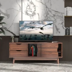 TV-Regal TV-Konsolenschrank für Fernseher bis zu 60 Zoll mit 2 Schubladen 120 x 45 x 45 cm Walnuss