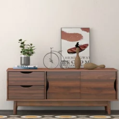 TV-Regal TV-Konsolenschrank für Fernseher bis zu 60 Zoll mit 2 Schubladen 120 x 45 x 45 cm Walnuss