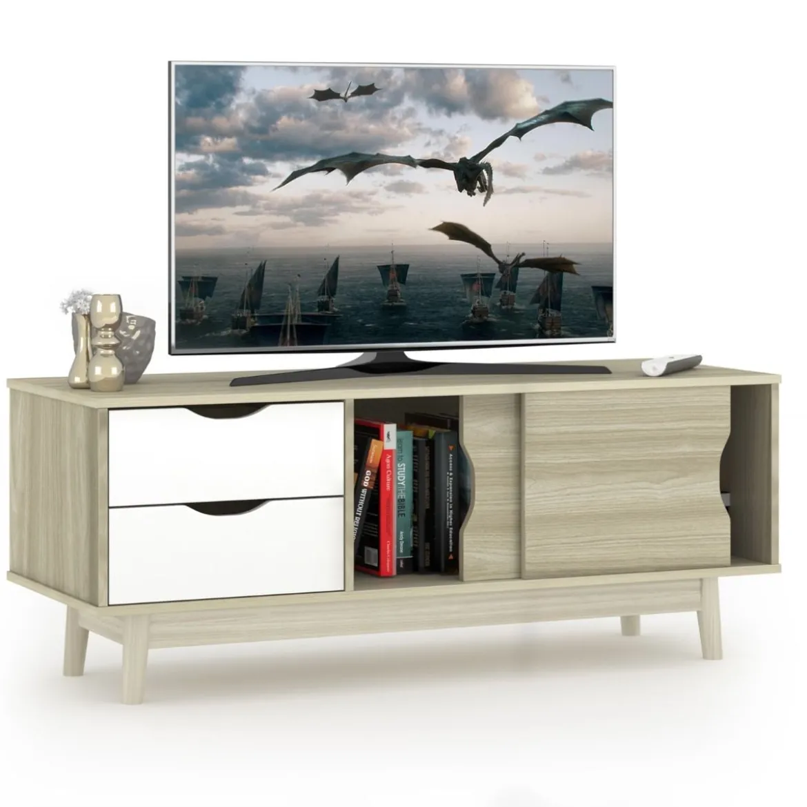 TV-Regal TV-Konsolenschrank für Fernseher bis zu 60 Zoll mit 2 Schubladen 120 x 45 x 45 cm Eiche