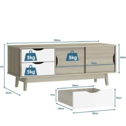 TV-Regal TV-Konsolenschrank für Fernseher bis zu 60 Zoll mit 2 Schubladen 120 x 45 x 45 cm Eiche