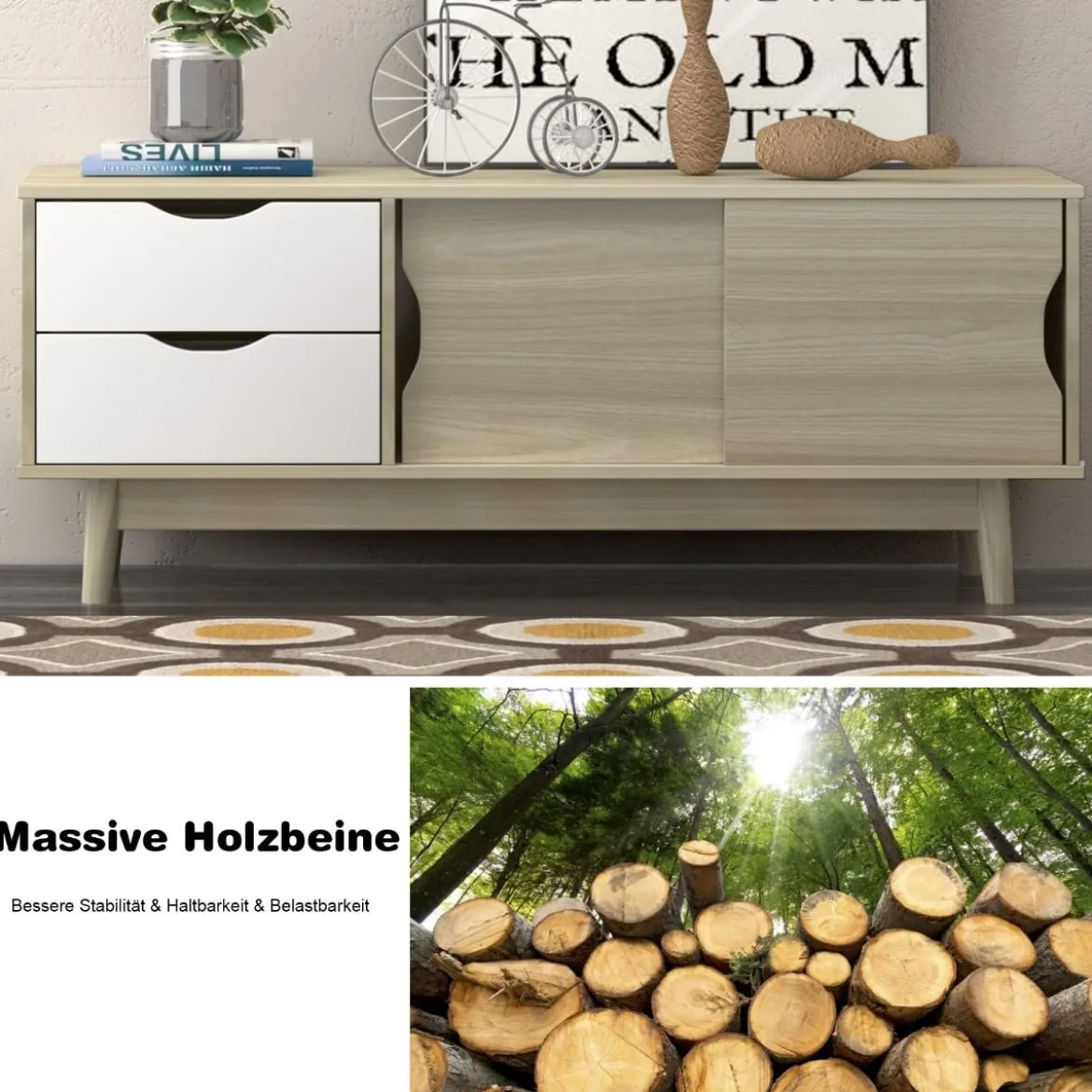 TV-Regal TV-Konsolenschrank für Fernseher bis zu 60 Zoll mit 2 Schubladen 120 x 45 x 45 cm Eiche