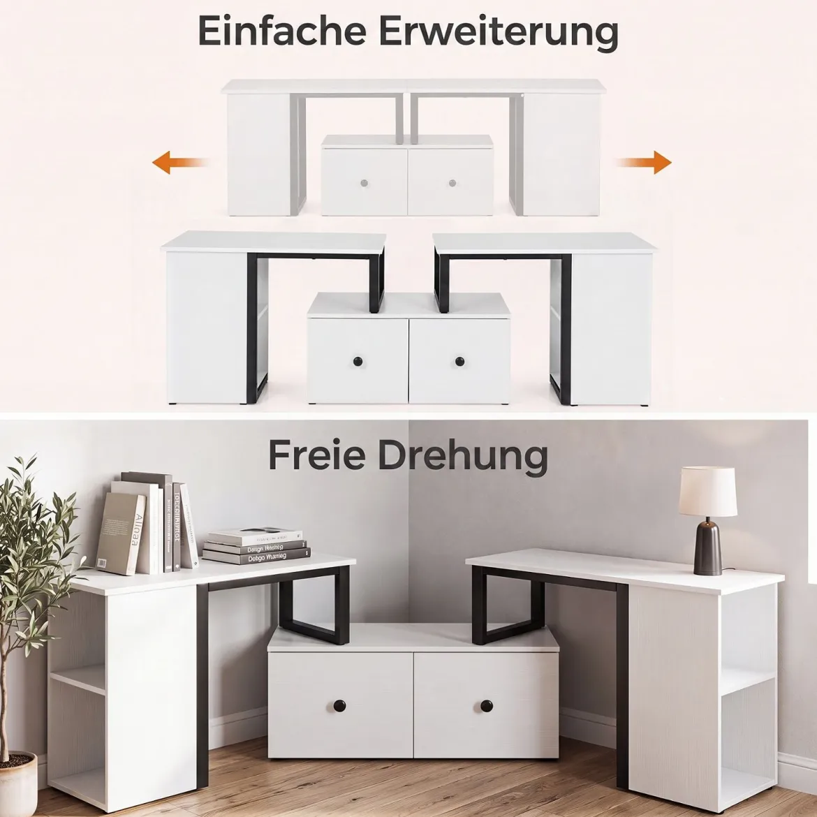 TV-Schrank aus Holz Lowboard mit 2 Großen Schubladen & 4 Offenen Seitenfächern Weiß