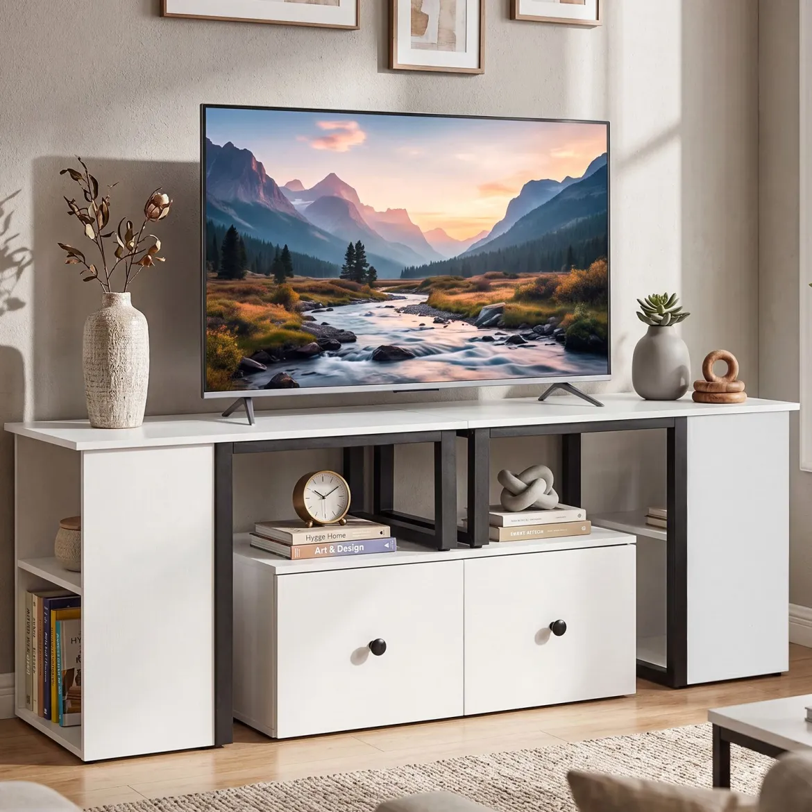 TV-Schrank aus Holz Lowboard mit 2 Großen Schubladen & 4 Offenen Seitenfächern Weiß