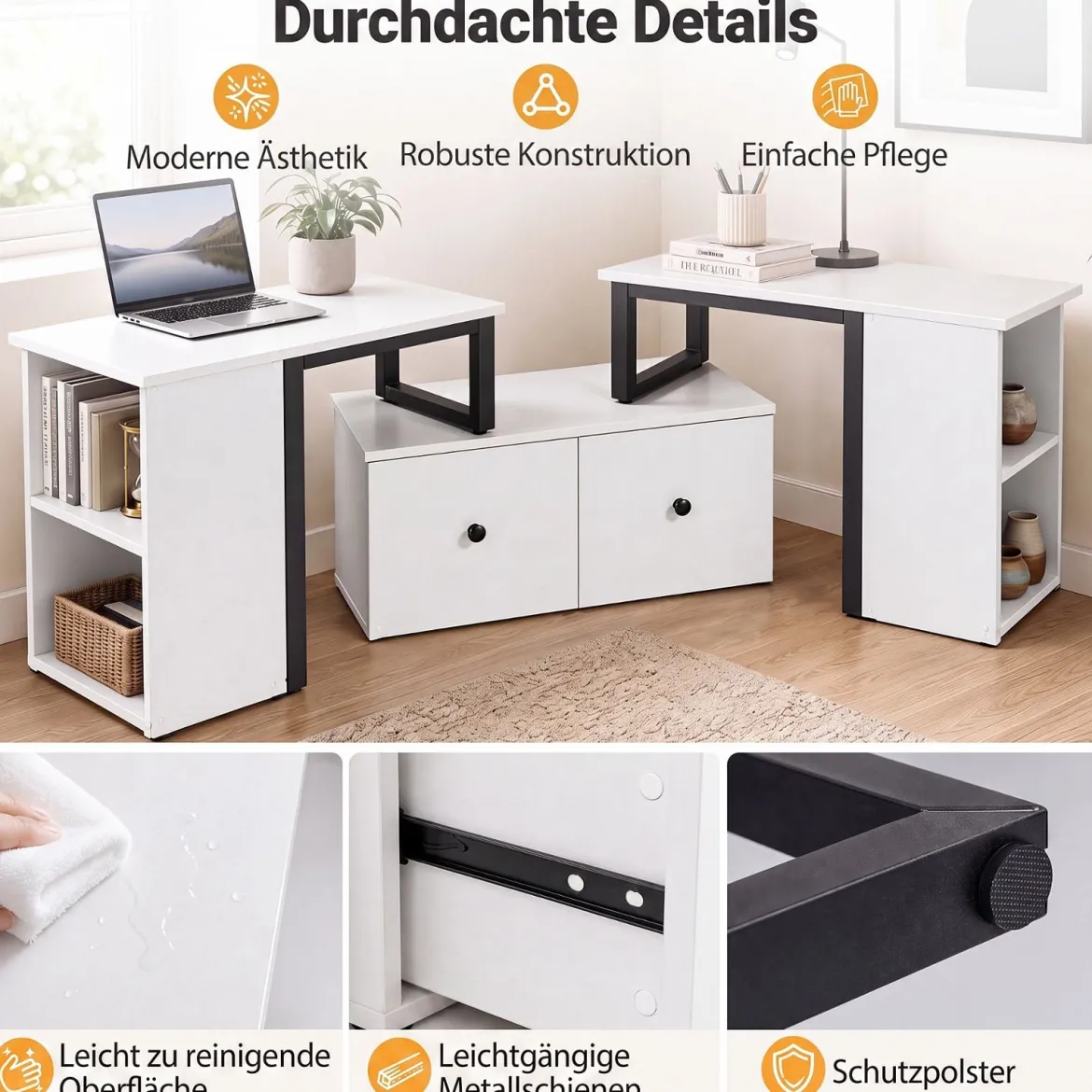 TV-Schrank aus Holz Lowboard mit 2 Großen Schubladen & 4 Offenen Seitenfächern Weiß