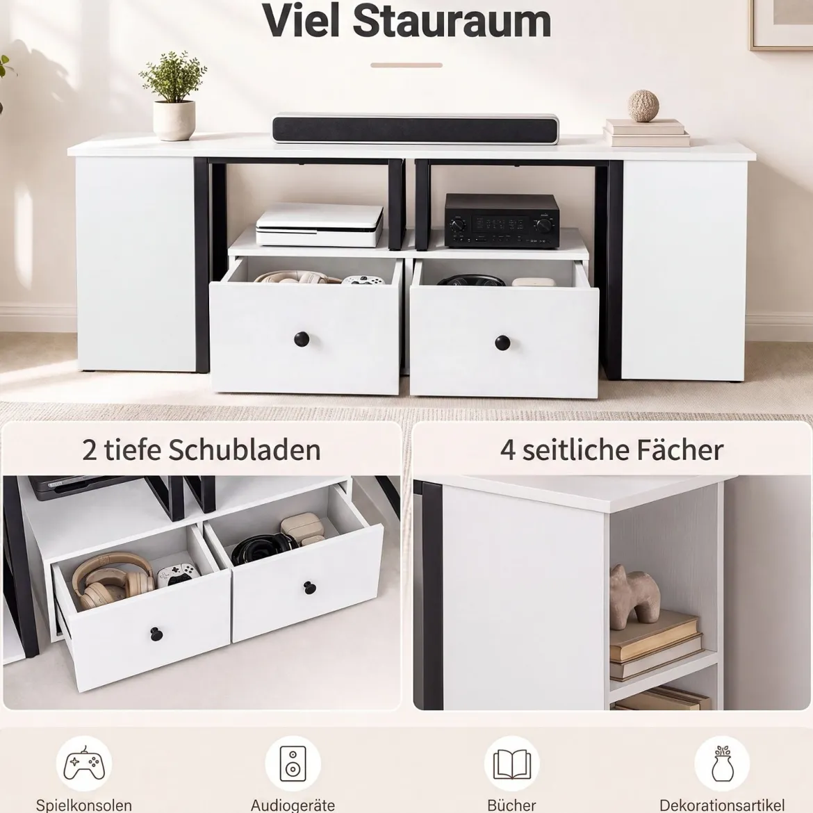 TV-Schrank aus Holz Lowboard mit 2 Großen Schubladen & 4 Offenen Seitenfächern Weiß