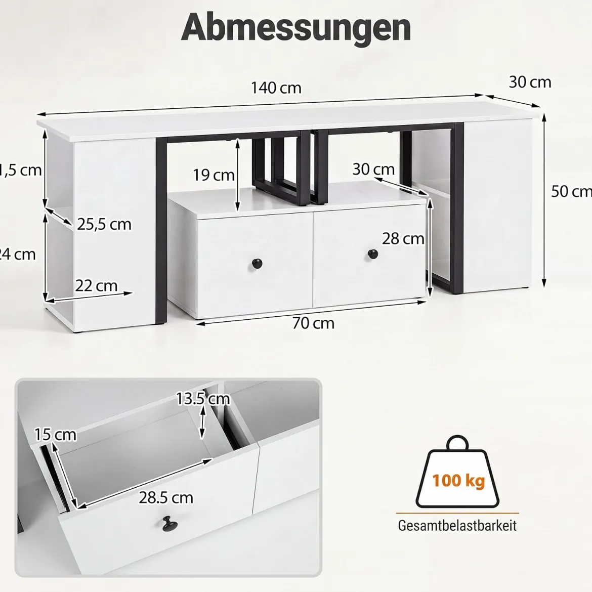TV-Schrank aus Holz Lowboard mit 2 Großen Schubladen & 4 Offenen Seitenfächern Weiß