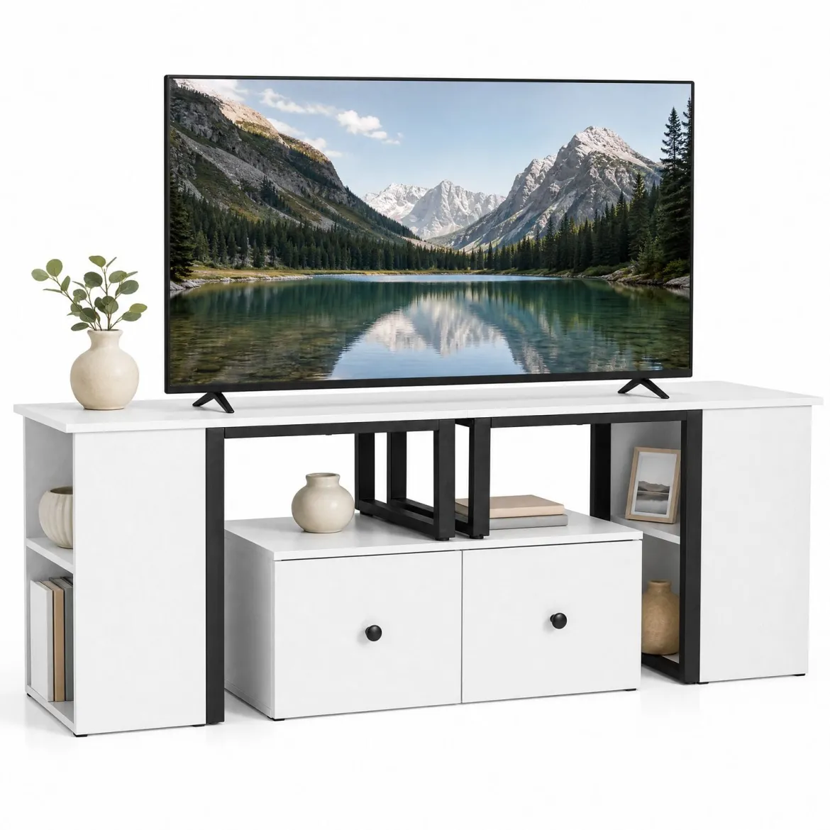 TV-Schrank aus Holz Lowboard mit 2 Großen Schubladen & 4 Offenen Seitenfächern Weiß