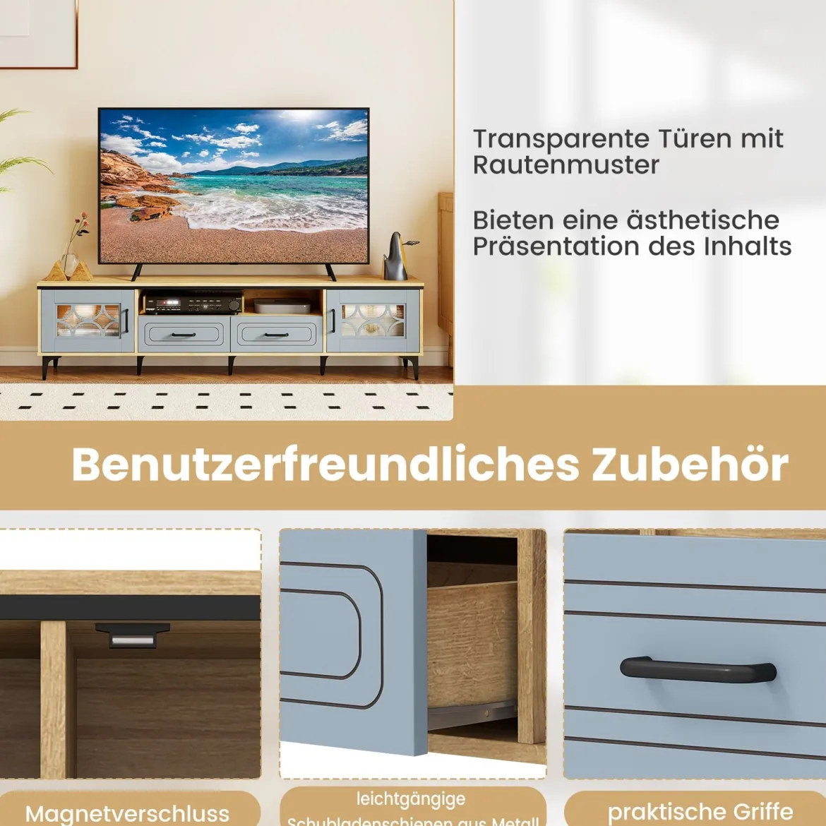 TV Schrank Bambus Lowboard für Fernseher bis zu 80 Zoll Fernsehschrank mit 2 Schubladen & 2 Türen & Fach Blau