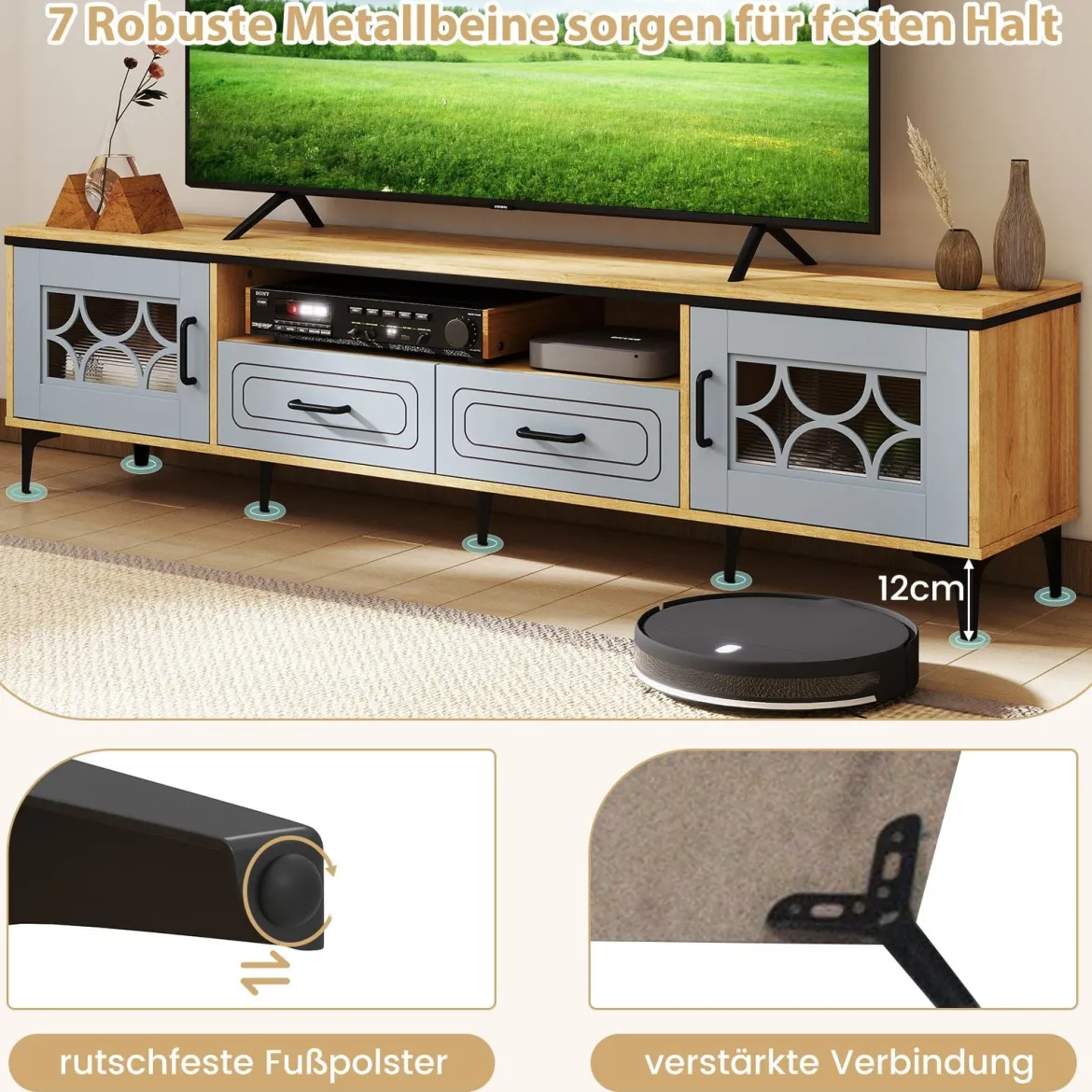 TV Schrank Bambus Lowboard für Fernseher bis zu 80 Zoll Fernsehschrank mit 2 Schubladen & 2 Türen & Fach Blau