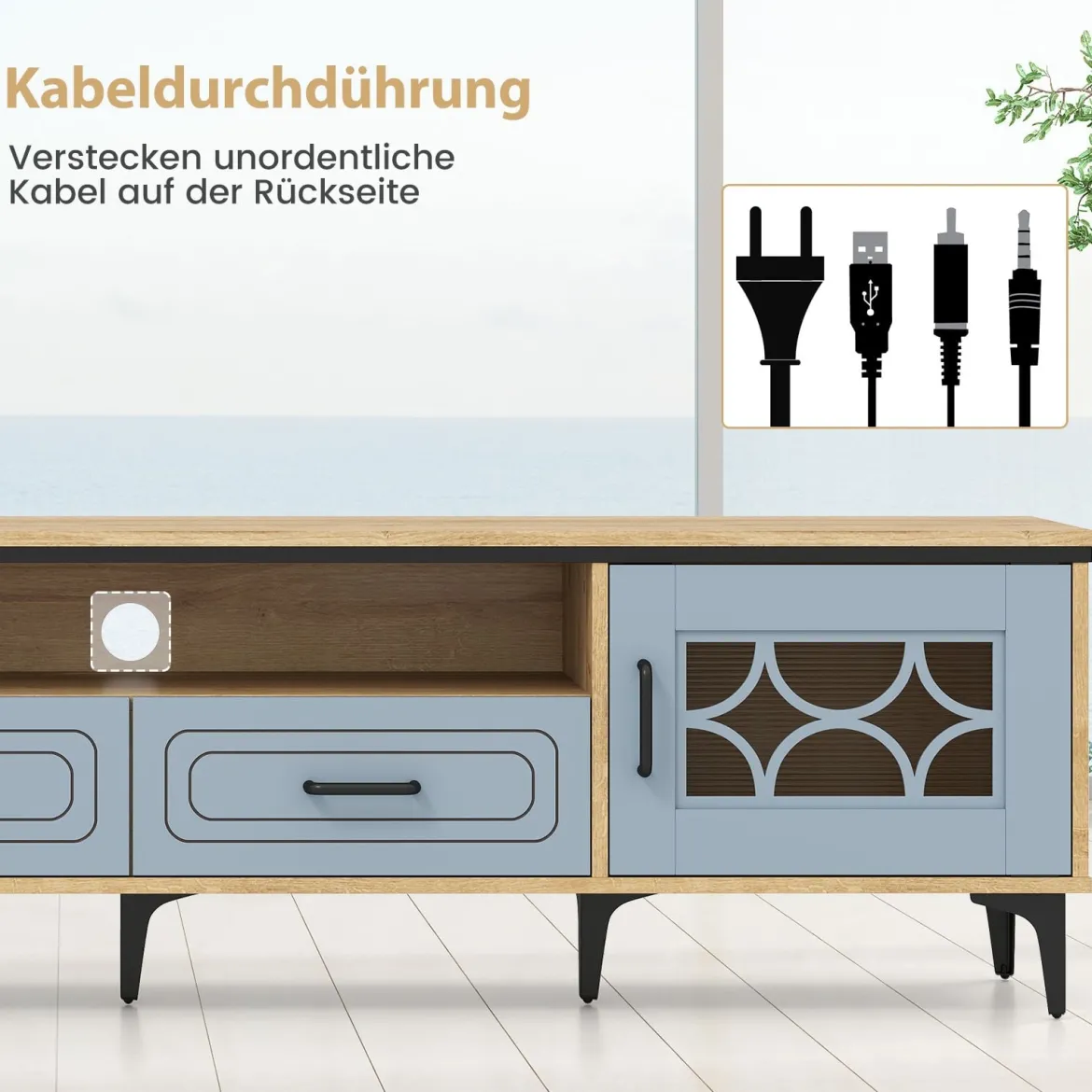 TV Schrank Bambus Lowboard für Fernseher bis zu 80 Zoll Fernsehschrank mit 2 Schubladen & 2 Türen & Fach Blau