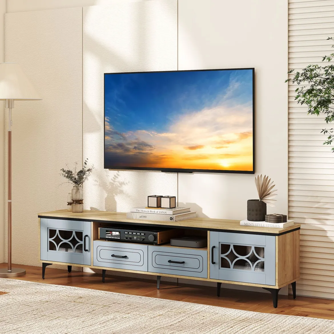 TV Schrank Bambus Lowboard für Fernseher bis zu 80 Zoll Fernsehschrank mit 2 Schubladen & 2 Türen & Fach Blau