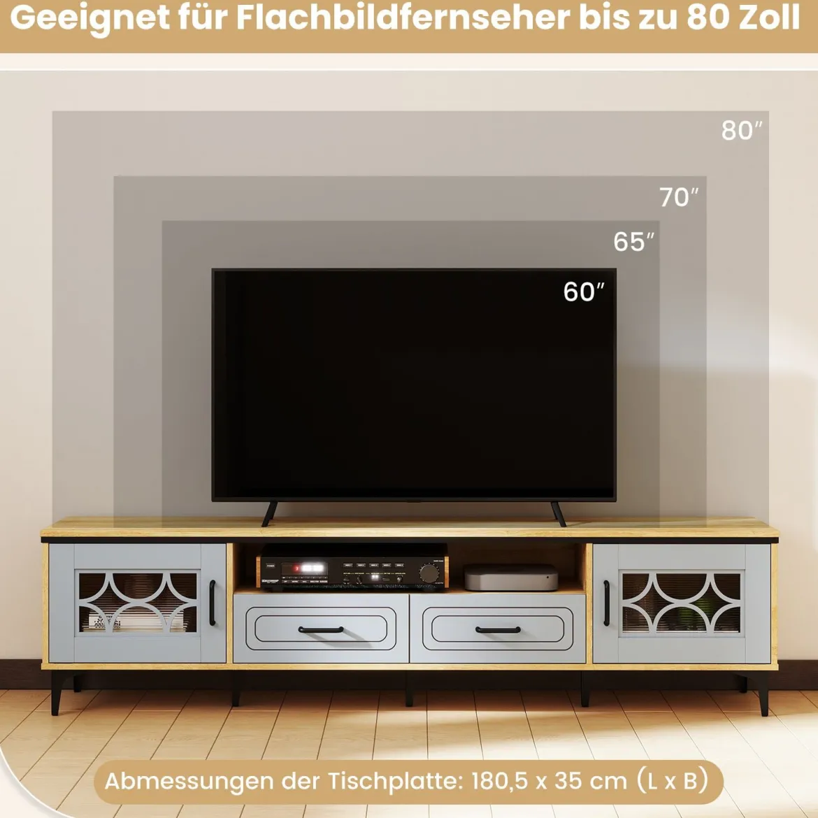 TV Schrank Bambus Lowboard für Fernseher bis zu 80 Zoll Fernsehschrank mit 2 Schubladen & 2 Türen & Fach Blau