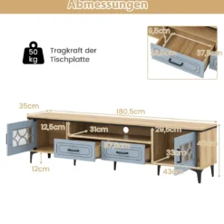 TV Schrank Bambus Lowboard für Fernseher bis zu 80 Zoll Fernsehschrank mit 2 Schubladen & 2 Türen & Fach Blau