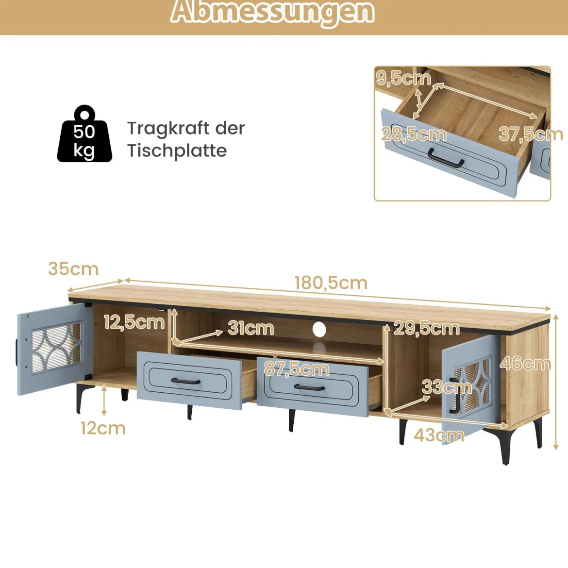 TV Schrank Bambus Lowboard für Fernseher bis zu 80 Zoll Fernsehschrank mit 2 Schubladen & 2 Türen & Fach Blau