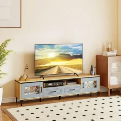 TV Schrank Bambus Lowboard für Fernseher bis zu 80 Zoll Fernsehschrank mit 2 Schubladen & 2 Türen & Fach Blau