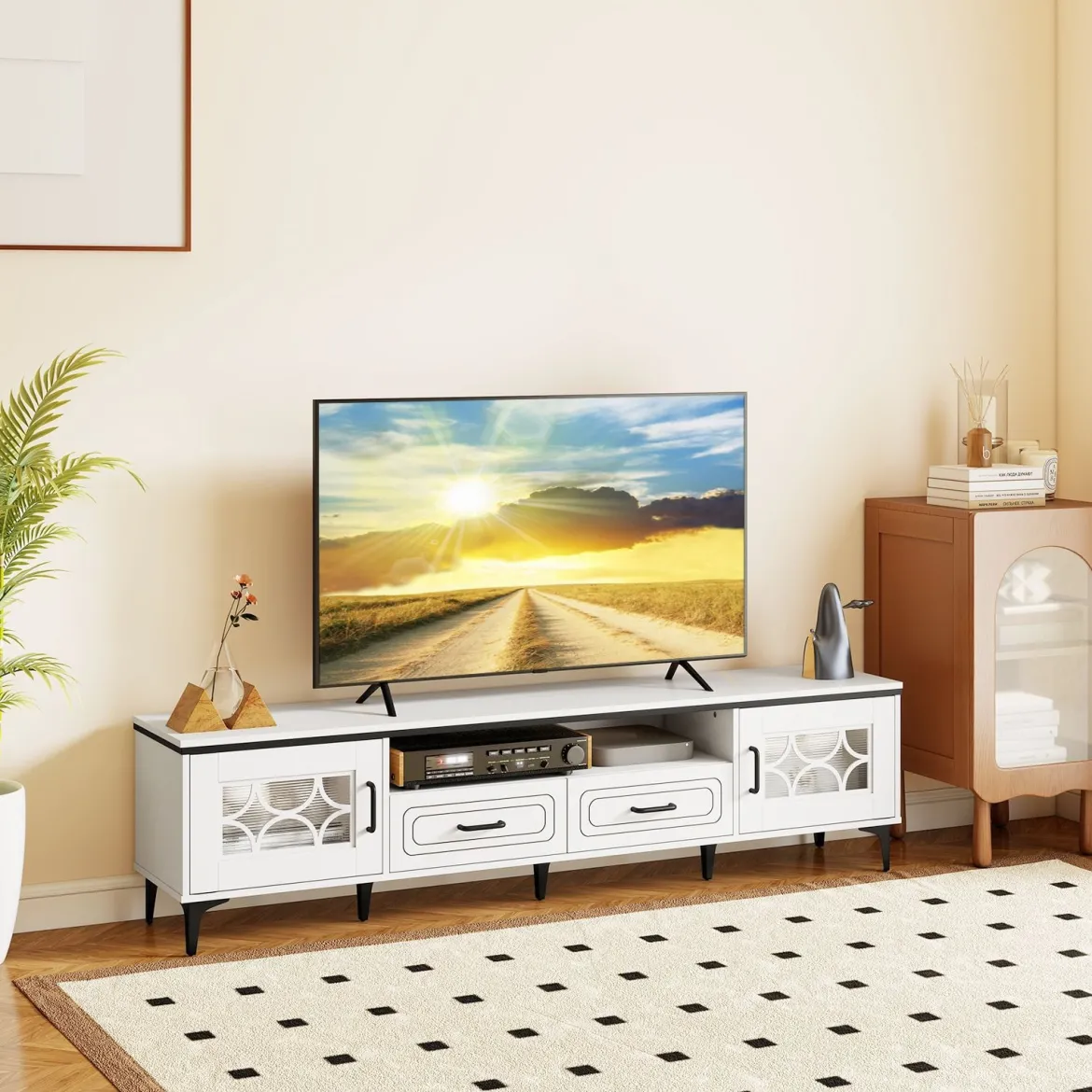 TV Schrank Bambus Lowboard für Fernseher bis zu 80 Zoll Fernsehschrank mit 2 Schubladen & 2 Türen & Fach Weiß