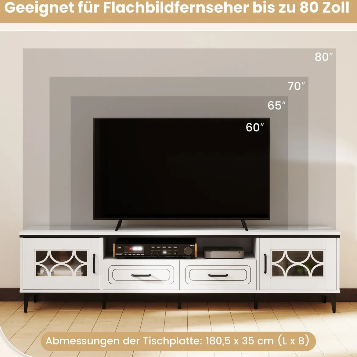 TV Schrank Bambus Lowboard für Fernseher bis zu 80 Zoll Fernsehschrank mit 2 Schubladen & 2 Türen & Fach Weiß
