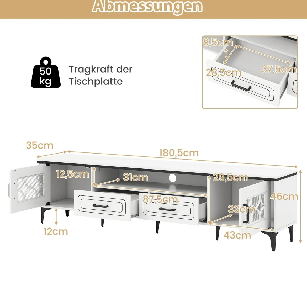 TV Schrank Bambus Lowboard für Fernseher bis zu 80 Zoll Fernsehschrank mit 2 Schubladen & 2 Türen & Fach Weiß