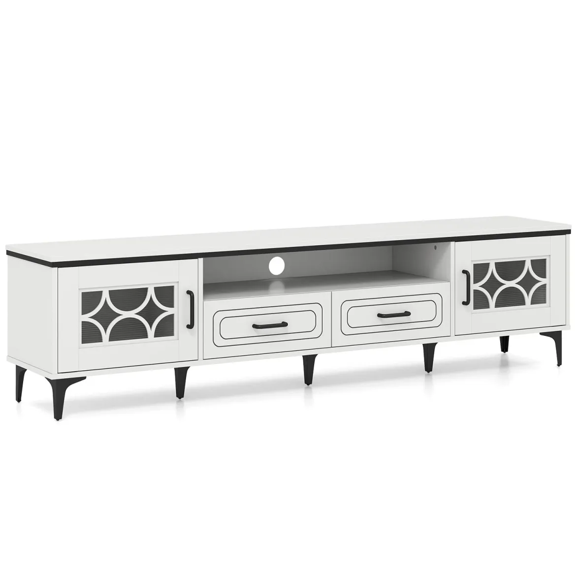 TV Schrank Bambus Lowboard für Fernseher bis zu 80 Zoll Fernsehschrank mit 2 Schubladen & 2 Türen & Fach Weiß