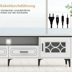TV Schrank Bambus Lowboard für Fernseher bis zu 80 Zoll Fernsehschrank mit 2 Schubladen & 2 Türen & Fach Weiß