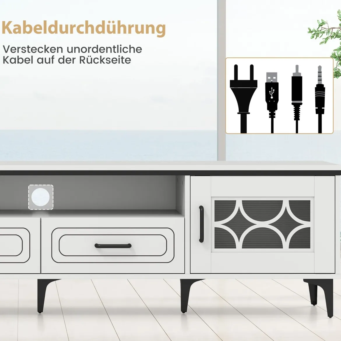 TV Schrank Bambus Lowboard für Fernseher bis zu 80 Zoll Fernsehschrank mit 2 Schubladen & 2 Türen & Fach Weiß