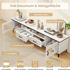 TV Schrank Bambus Lowboard für Fernseher bis zu 80 Zoll Fernsehschrank mit 2 Schubladen & 2 Türen & Fach Weiß