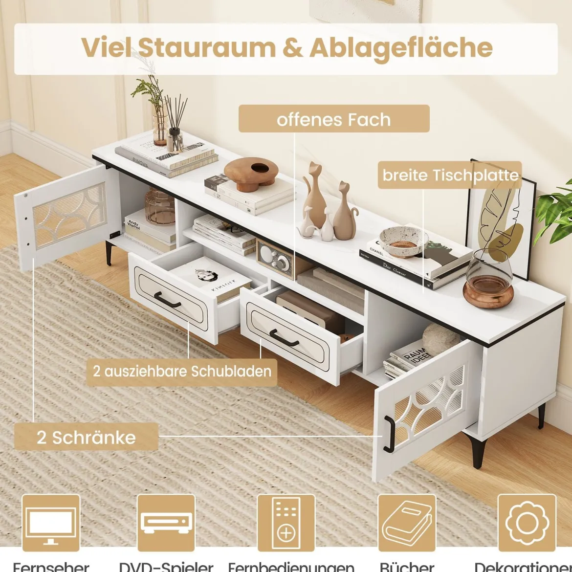 TV Schrank Bambus Lowboard für Fernseher bis zu 80 Zoll Fernsehschrank mit 2 Schubladen & 2 Türen & Fach Weiß