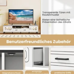 TV Schrank Bambus Lowboard für Fernseher bis zu 80 Zoll Fernsehschrank mit 2 Schubladen & 2 Türen & Fach Weiß