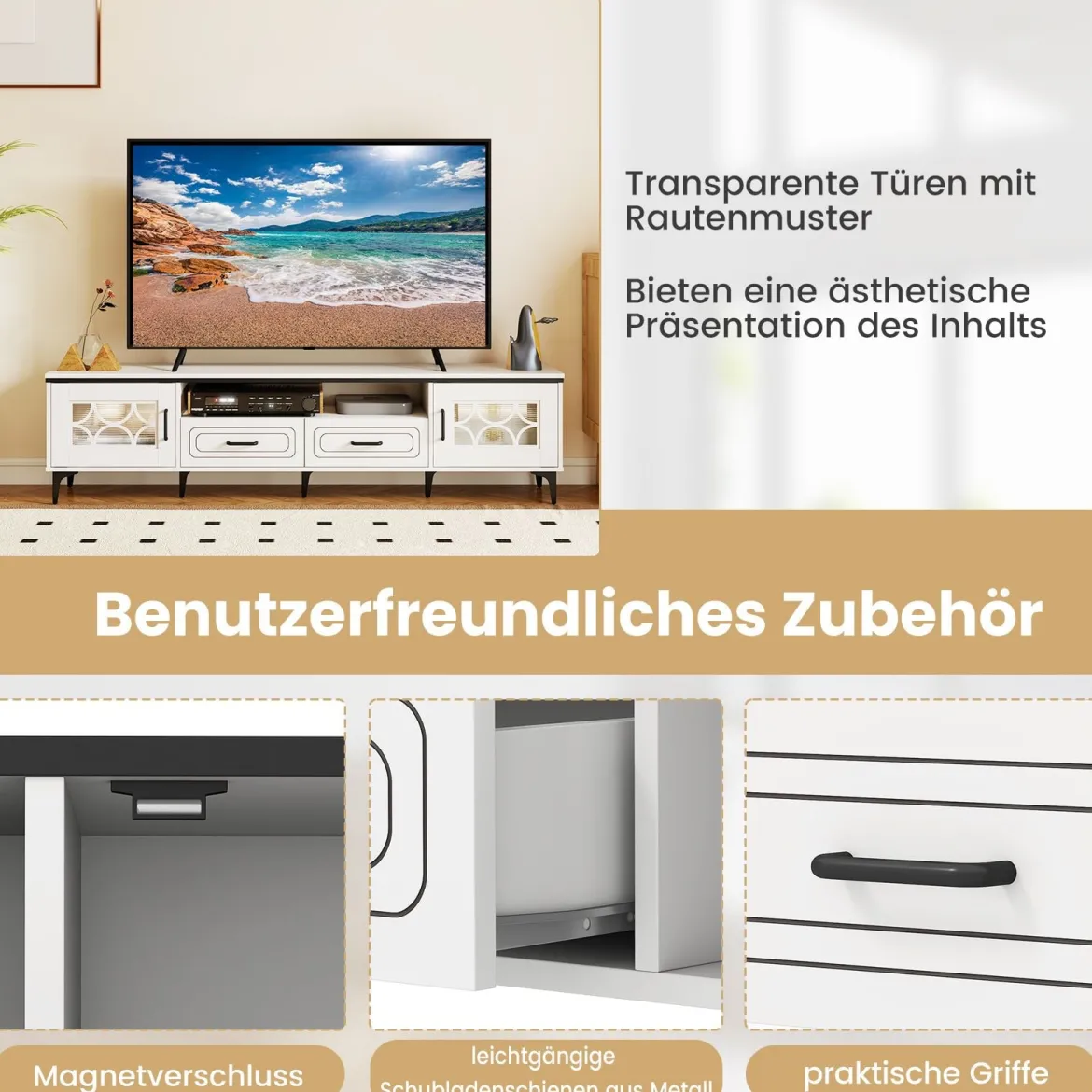 TV Schrank Bambus Lowboard für Fernseher bis zu 80 Zoll Fernsehschrank mit 2 Schubladen & 2 Türen & Fach Weiß