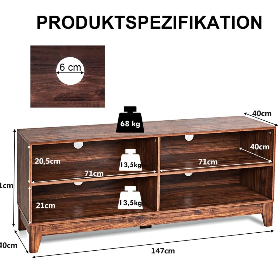 TV-Schrank Fernsehschrank Holz TV-Ständer Fernseher mit Regalen 147 x 40 x 61 cm Braun
