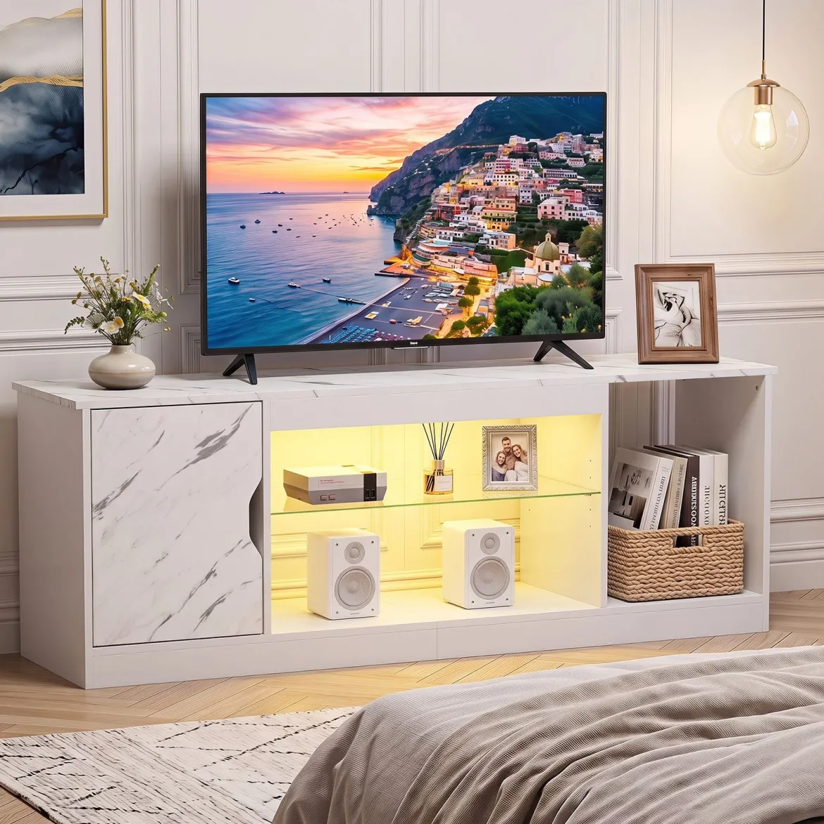 TV-Schrank Fernsehschrank mit Ablagefläche & 3 Offenen Fächer bis zu 65 Zoll Weiß