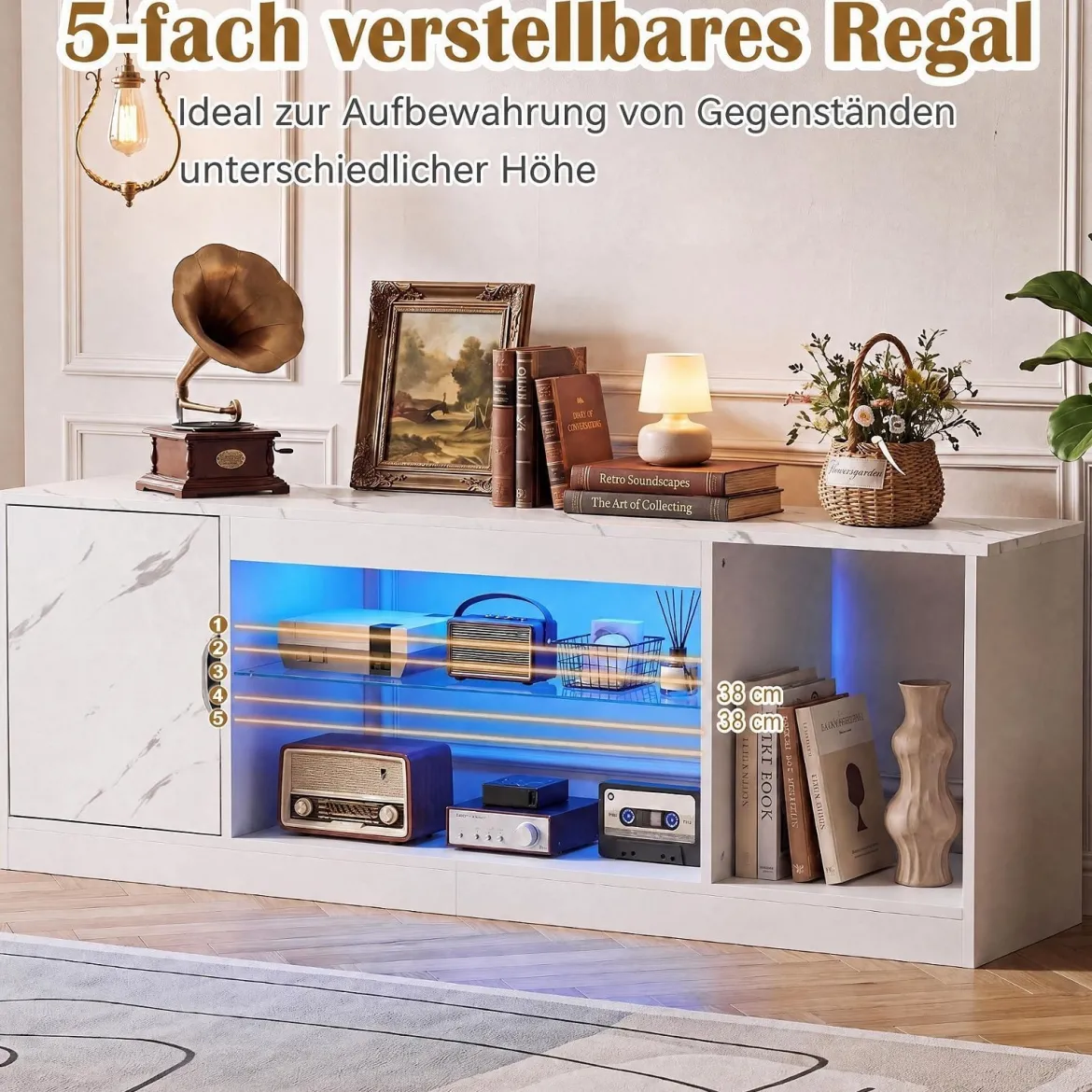 TV-Schrank Fernsehschrank mit Ablagefläche & 3 Offenen Fächer bis zu 65 Zoll Weiß