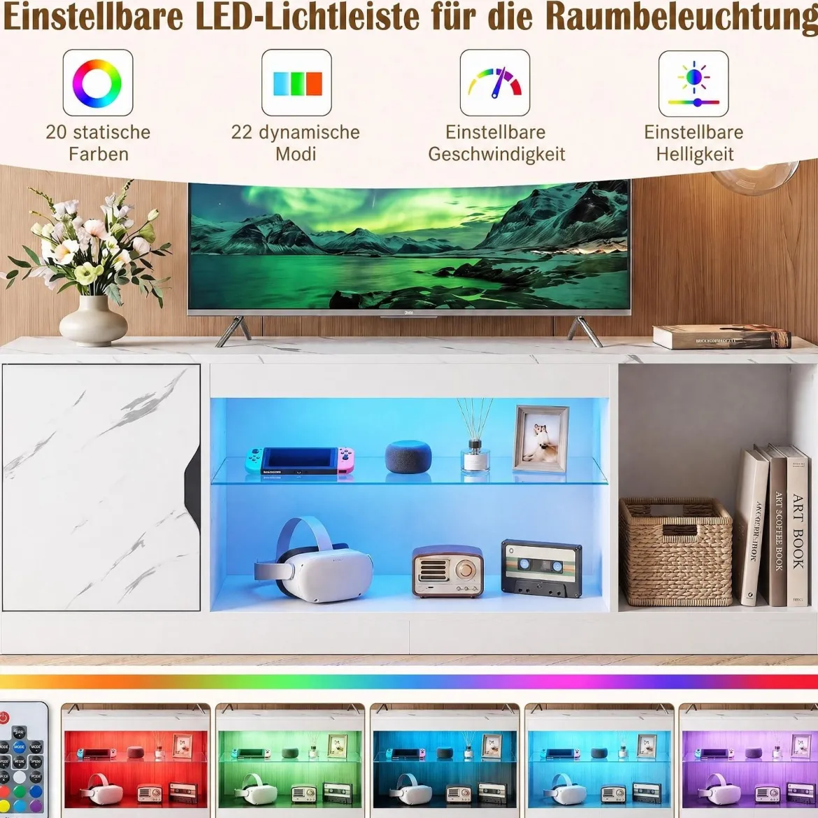 TV-Schrank Fernsehschrank mit Ablagefläche & 3 Offenen Fächer bis zu 65 Zoll Weiß